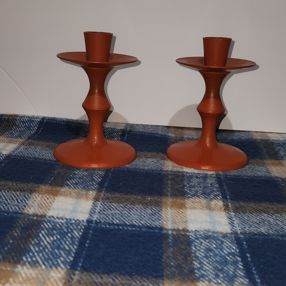 Vintage Made In Italy Bright Orange Plastic Mold Candle Stick Holders